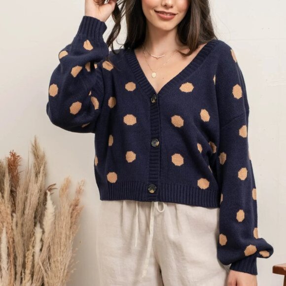 Polka Dot Button Up Cardigan V neckline - balloon sleeve - button up - p… - Picture 2 of 3
